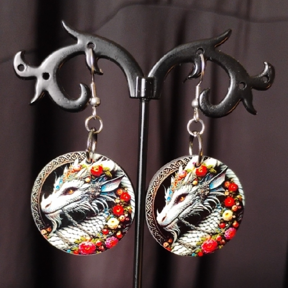 Dragon Design Earrings with Floral Accents